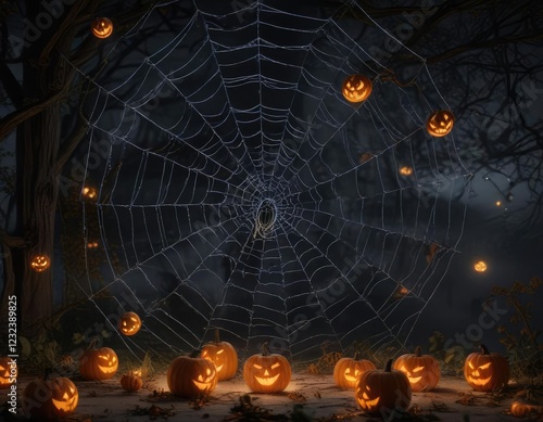 Colorful poster of a giant spider web with glow-in-the-dark spiders and jack-o-lanterns, glowing webs, creepy crawlies