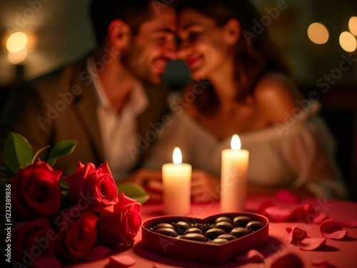 a couple sitting in front of a candle and a heart shaped photo