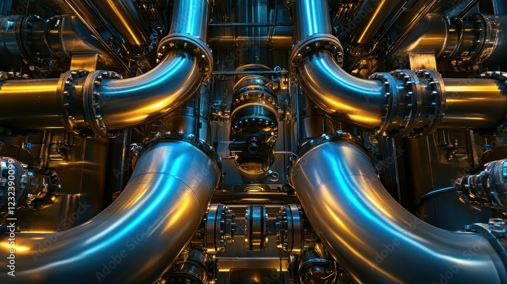 An array of industrial pipes and valves with polished metallic textures and depth An array of industrial pipes and valves with polished metallic textures and depth