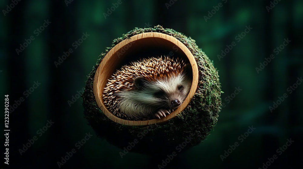 Sleepy hedgehog in a wooden nest, forest background, nature wildlife, ideal for pet, nature, or animal themed projects Sleepy hedgehog in a wooden nest, forest background, nature wildlife, ideal for pet, nature, or animal themed projects