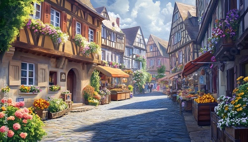 A charming flower filled European village street scene