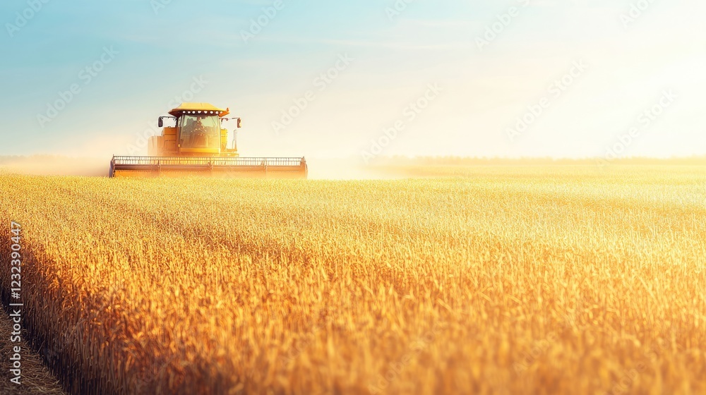 Fototapeta premium A field being harvested with agricultural machinery, golden crops spilling from the combine.