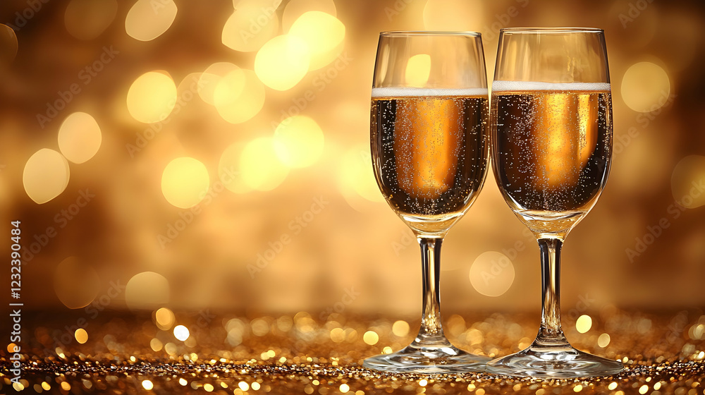 Two Sparkling Champagne Flutes Stand Elegantly on a Glittering Gold Background with Soft Bokeh Two Sparkling Champagne Flutes Stand Elegantly on a Glittering Gold Background with Soft Bokeh