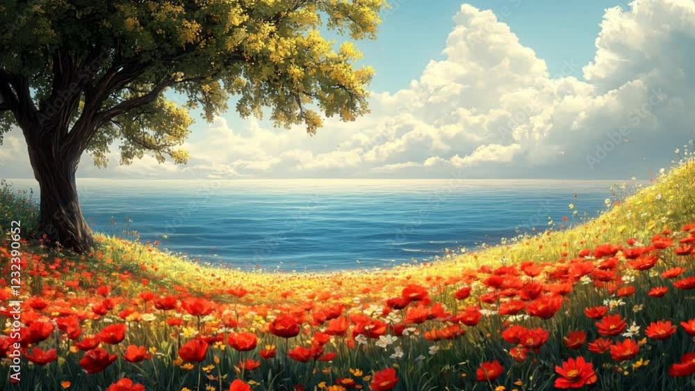 Sunny meadow with vibrant red flowers overlooking the sea under a bright blue sky captured in seamless looping 4k time-lapse animation video background. Nature concept Sunny meadow with vibrant red flowers overlooking the sea under a bright blue sky captured in seamless looping 4k time-lapse animation video background. Nature concept