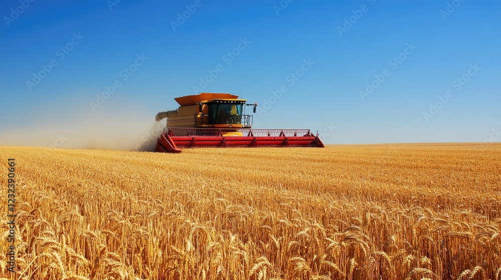 Obraz premium A field of wheat being harvested by a combine harvester under the bright blue sky.