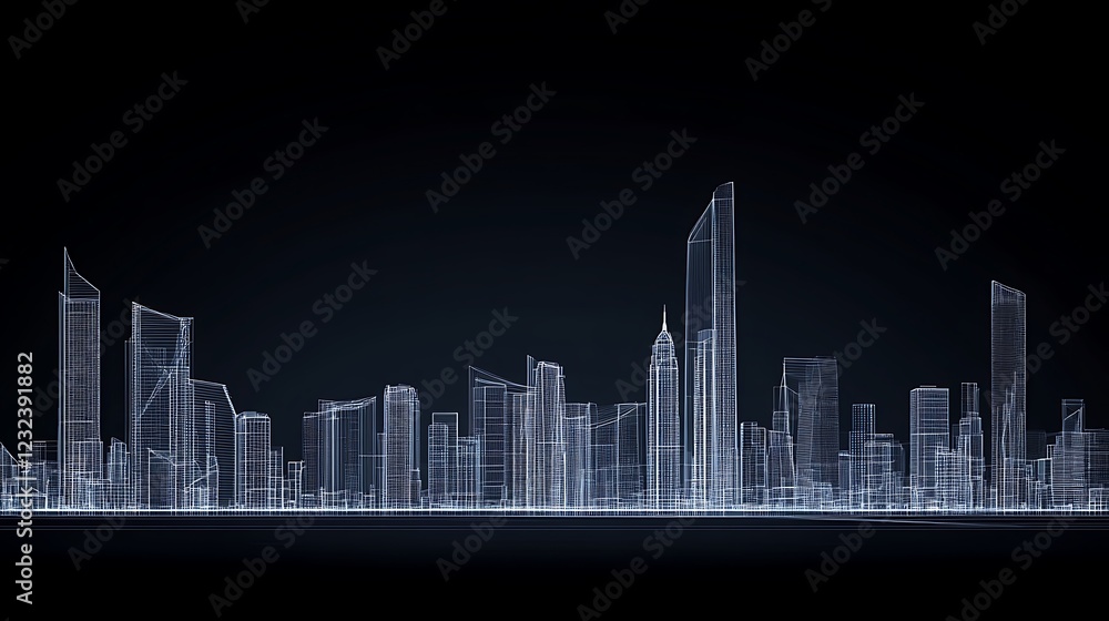 Fototapeta premium Wireframe city skyline on dark background for tech use