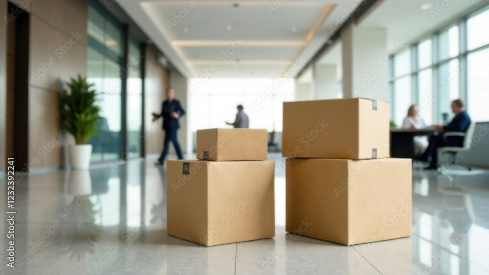 Cardboard boxes in an office lobby symbolize corporate relocation and transition Cardboard boxes in an office lobby symbolize corporate relocation and transition
