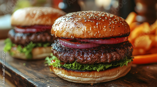 Juicy Burger Sits on a Wood...