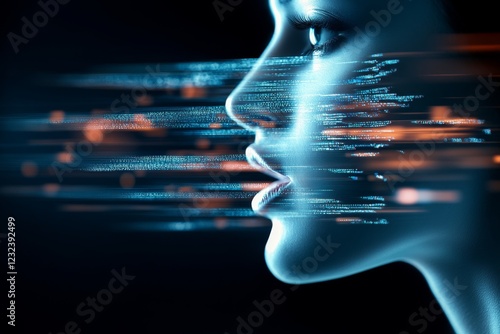 A hyper-realistic close-up of a person lips speaking, with fine details of their expression and a dynamic background of blurred motion to imply energy and influence