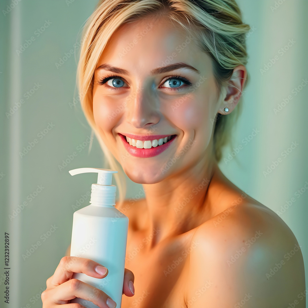 portrait of beautiful young blonde woman under shower smiling, using cosmetics, skin care, people background