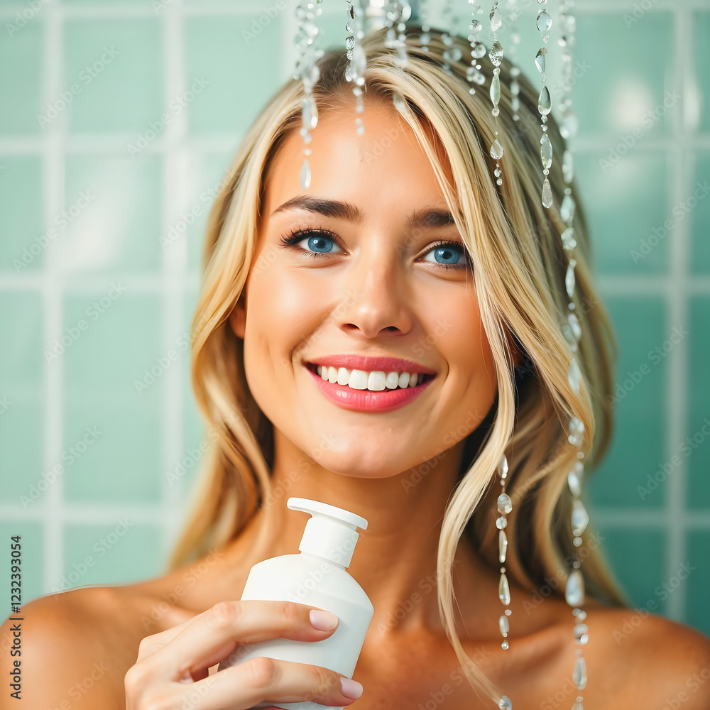 portrait of beautiful young blonde woman under shower smiling, using cosmetics, skin care, people background