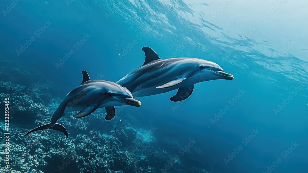 Fototapeta premium A dolphin and baby calf swimming side by side in a peaceful ocean scene