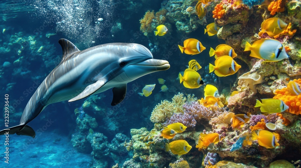 A dolphin swimming alongside a group of colorful tropical fish A dolphin swimming alongside a group of colorful tropical fish