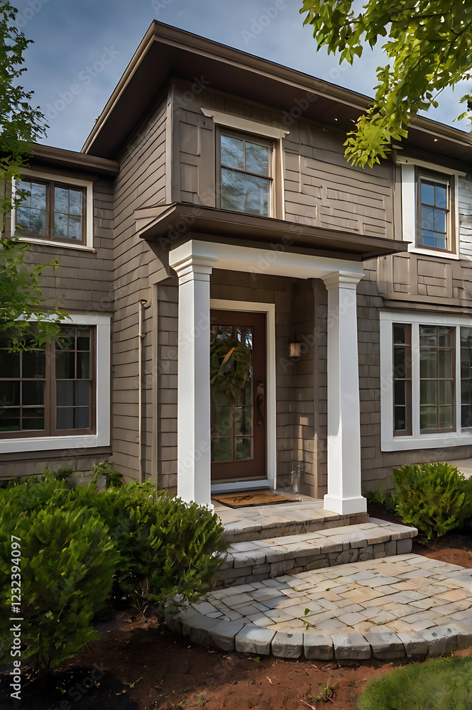 Obraz premium Elegant Brown House Exterior with Stone Pathway and Landscaping. A stunning architectural design featuring a charming porch and beautiful landscaping.