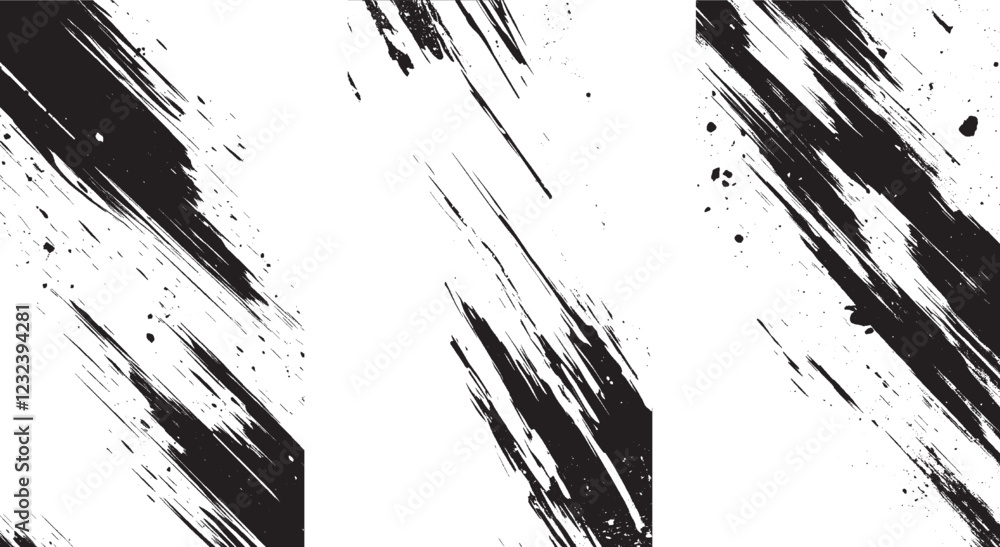 Artistic brushwork results in a striking visual composition of splashes. Vector black and white with grunge style, scratch and texture elements for design. Artistic brushwork results in a striking visual composition of splashes. Vector black and white with grunge style, scratch and texture elements for design.