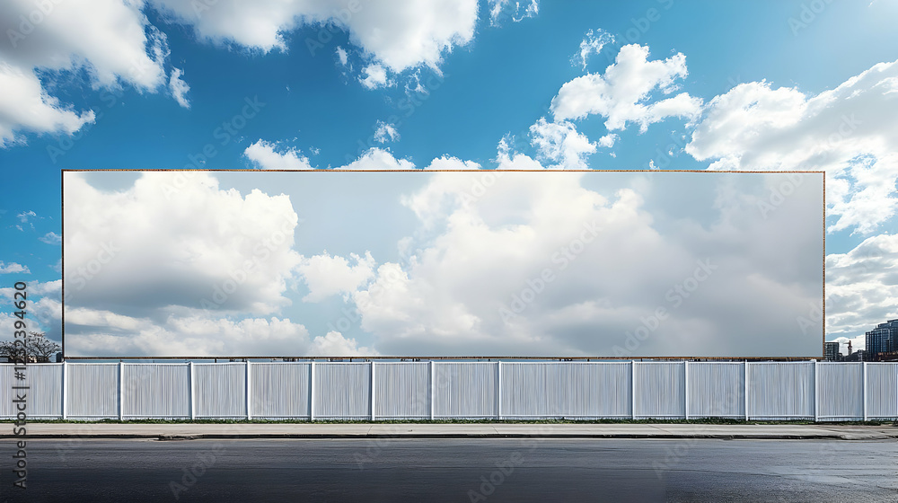 Blank Billboard with Cloudy Sky Background Stands Tall Behind a White Fence Along a City Street Blank Billboard with Cloudy Sky Background Stands Tall Behind a White Fence Along a City Street