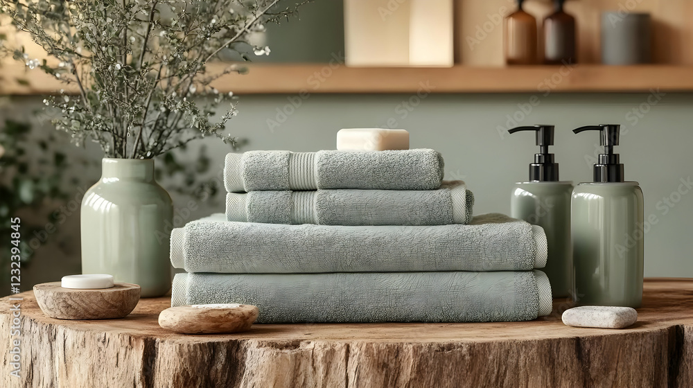 Soft Towels and Dispensers Placed Neatly on a Rustic Wooden Table Top with Decorative Items Soft Towels and Dispensers Placed Neatly on a Rustic Wooden Table Top with Decorative Items