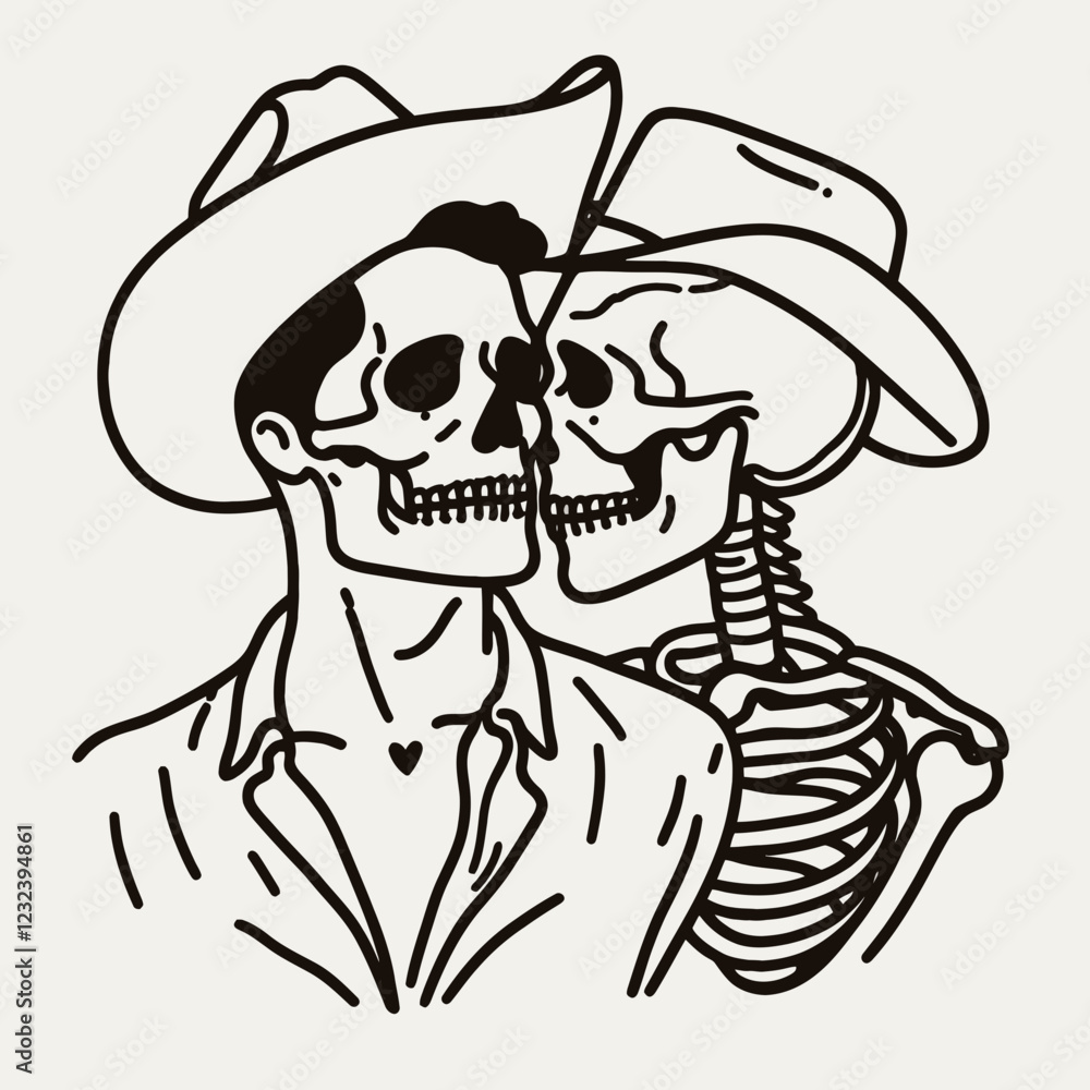 A whimsical illustration of two skeletons in cowboy hats sharing a kiss, blending themes of romance and the macabre. A whimsical illustration of two skeletons in cowboy hats sharing a kiss, blending themes of romance and the macabre.