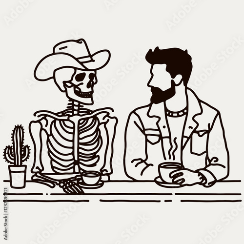 A humorous illustration of a cowboy skeleton sharing a coffee moment with a bearded man, showcasing a playful contrast of life and death.