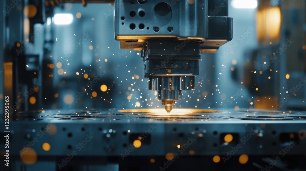A futuristic steel press creating heavy-duty machine parts with extreme precision A futuristic steel press creating heavy-duty machine parts with extreme precision