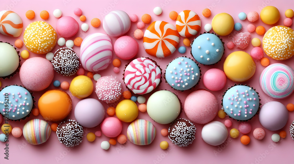 Colorful Candies and Sweets Arranged on a Pink Background Creates a Sweet Treat Display Colorful Candies and Sweets Arranged on a Pink Background Creates a Sweet Treat Display