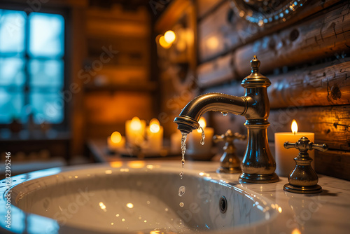 A rustic bathroom with warm wood accents and soft candlelight. The prime lens creates a shallow depth of field, focusing on the faucet and water droplets on the sink, with bokeh from glowing candles i photo