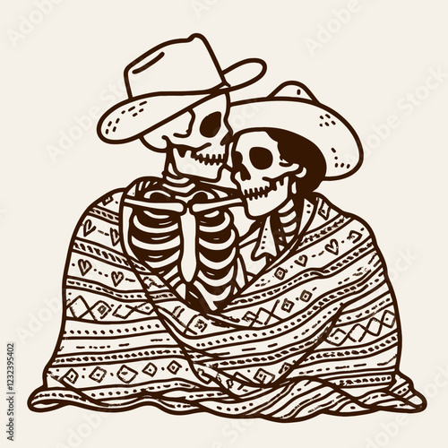 A whimsical illustration of two skeletons wearing cowboy hats, sharing an intimate moment under a patterned blanket.