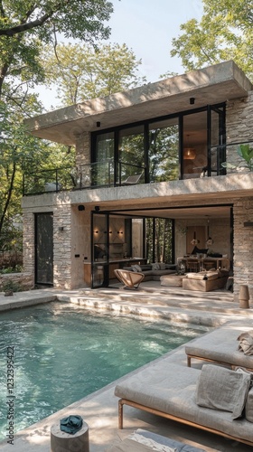 Wallpaper Mural Amidst a tranquil green landscape, a modern outdoor space features a sleek pool, elegant seating areas, and expansive glass walls that blend nature with contemporary design Torontodigital.ca