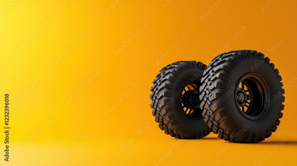 Naklejka premium A heavy-duty truck wheel with thick rubber treads sitting on an orange background