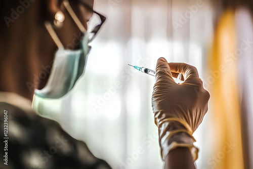 A close-up shot of a doctor's hand wearing a medical glove, holding a syringe, symbolizing healthcare, vaccination, and medical procedures photo