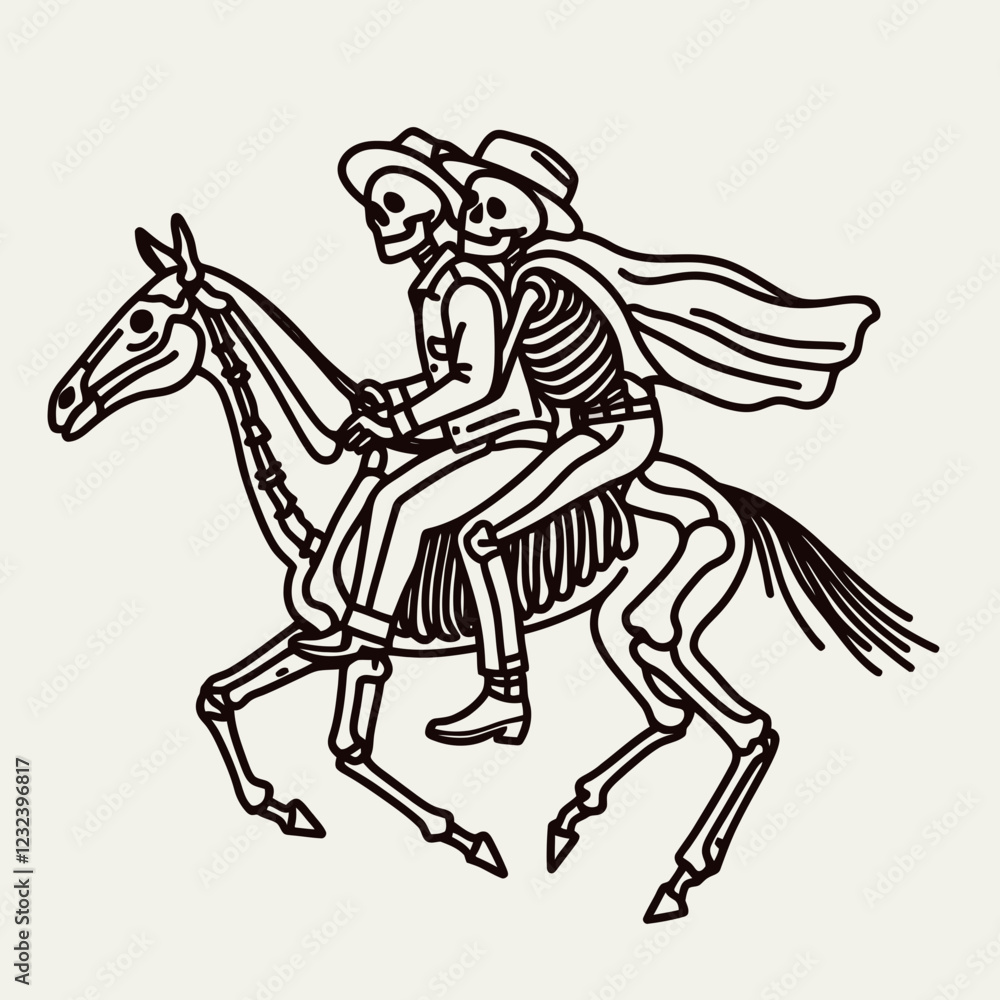 Fototapeta premium Two skeletons ride a horse, one wearing a hat and a cape, in a whimsical, cartoonish style.