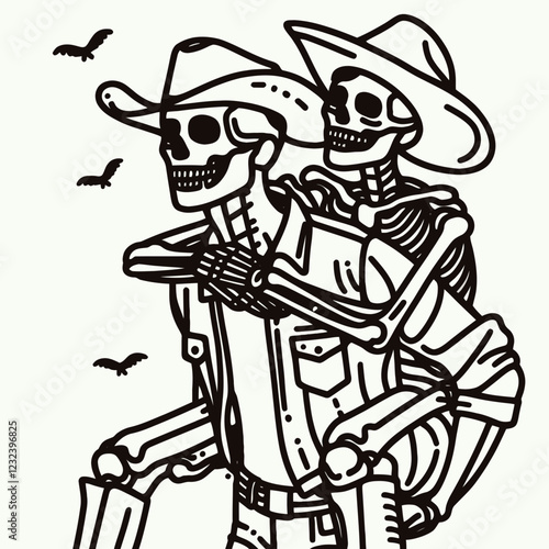 Two skeleton cowboys share a playful moment, one giving a piggyback ride, with bats flying in the background, creating a fun Halloween-themed scene.
