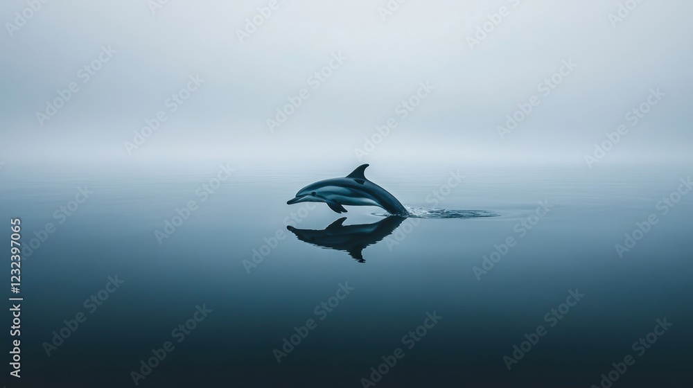 Fototapeta premium A lone dolphin in a minimalist ocean background with a calming aesthetic
