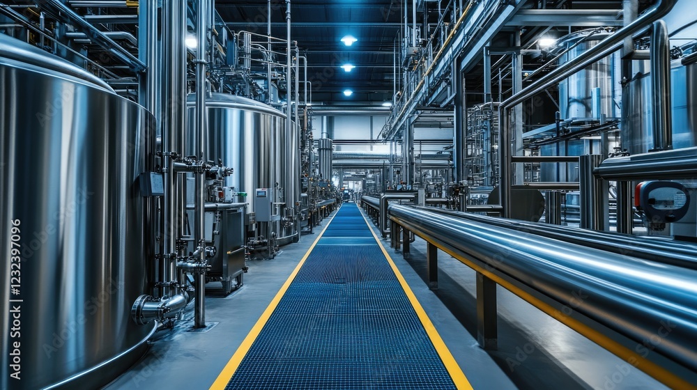 Fototapeta premium Clean industrial environment with stainless steel machines and high-tech control systems