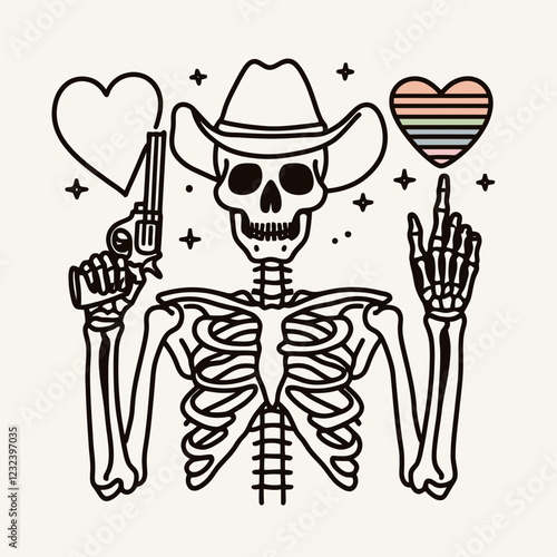 A playful skeleton wearing a cowboy hat holds a gun and gestures playfully, surrounded by colorful hearts and sparkles.