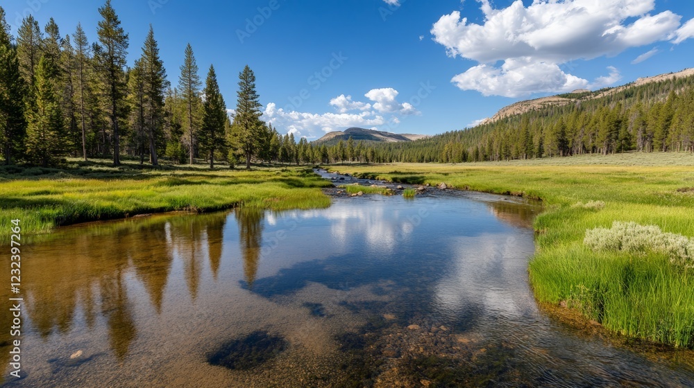 Fototapeta premium Meandering through a vibrant green meadow, yosemite national park's pristine river reflects towering mountains and pine trees under a picturesque sky filled with fluffy clouds