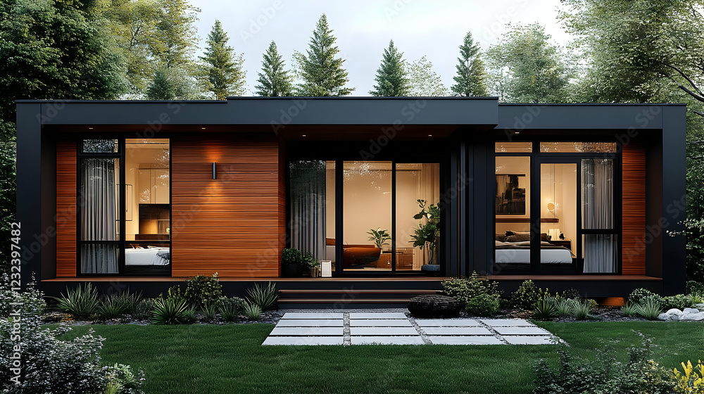 Fototapeta premium Modern House Exterior Design Visualization Showcases a Stylish Home with Wooden Accents Nestled in Nature