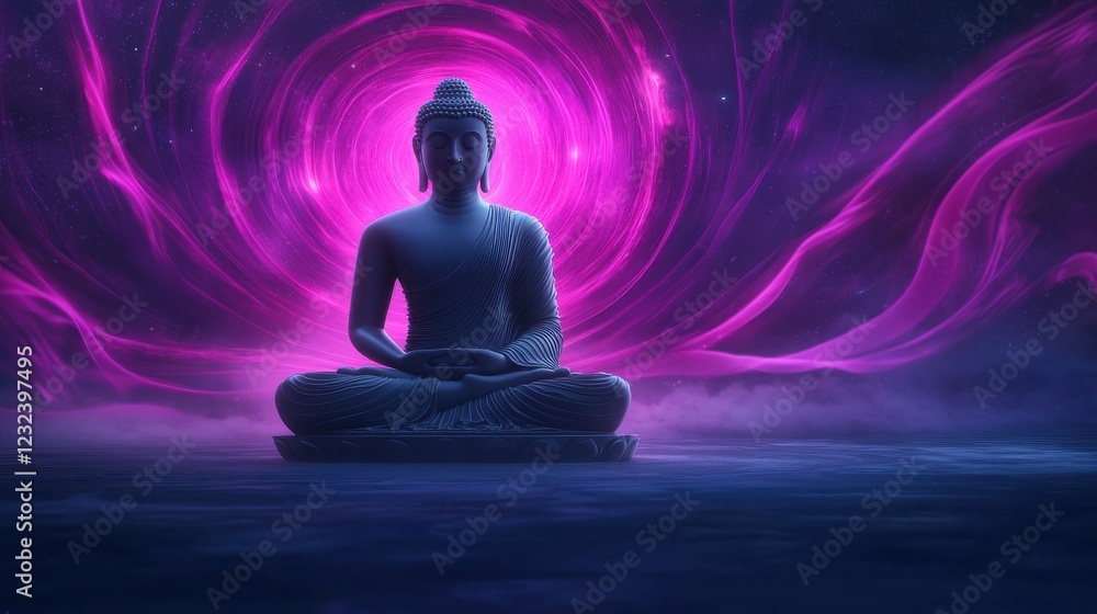 Serene Buddha statue meditates before a swirling, cosmic nebula backdrop of purple and pink hues. Dark blue ground, ethereal lighting. Serene Buddha statue meditates before a swirling, cosmic nebula backdrop of purple and pink hues. Dark blue ground, ethereal lighting.