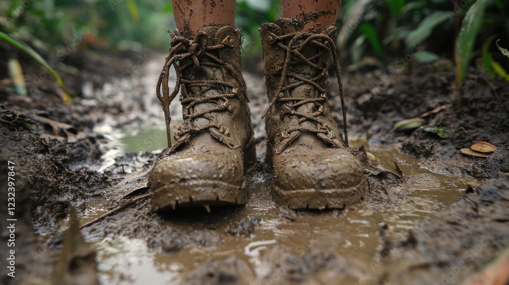 A close-up of hiking boots on muddy jungle terrain. A close-up of hiking boots on muddy jungle terrain.