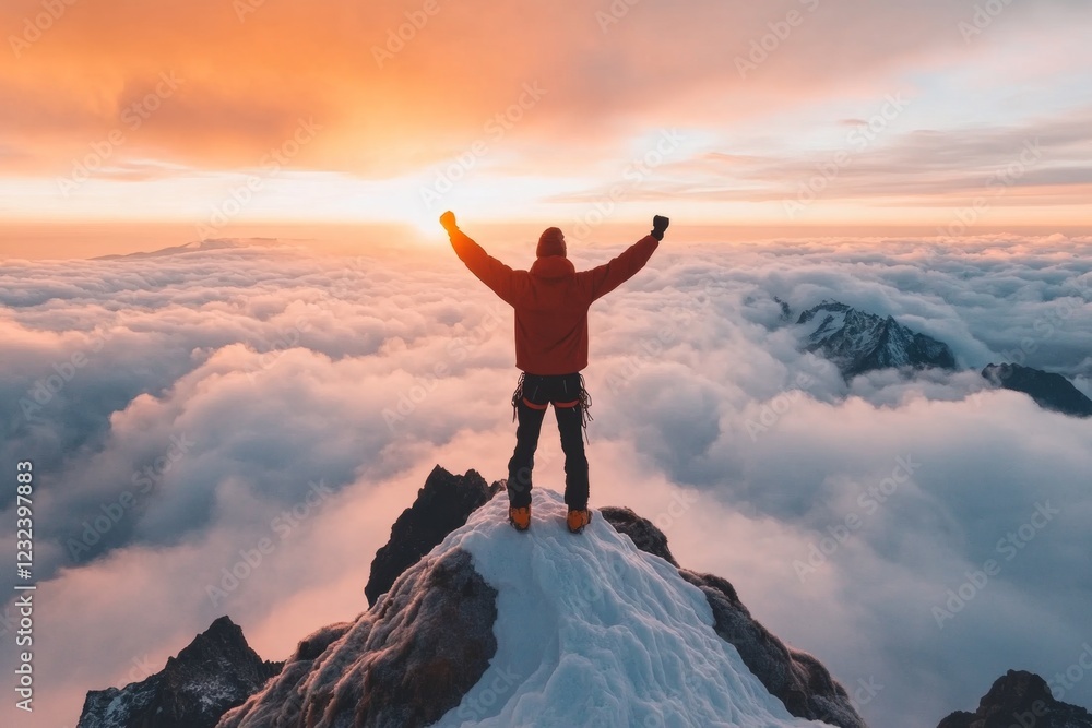 A mountaineer standing triumphantly at the summit of a towering peak, overlooking a sea of clouds A mountaineer standing triumphantly at the summit of a towering peak, overlooking a sea of clouds