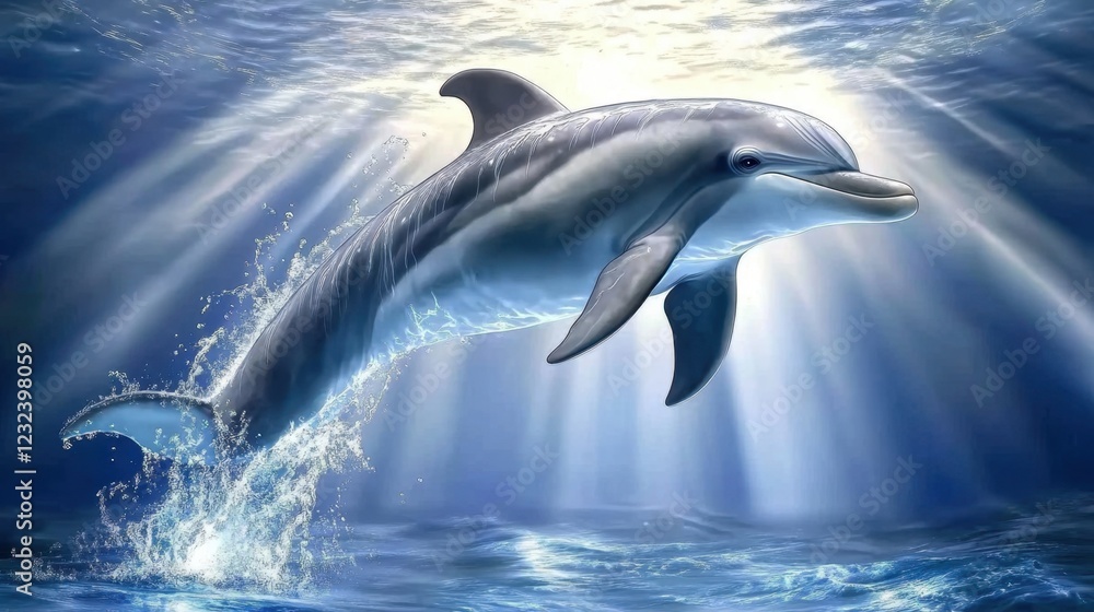 Fototapeta premium A majestic dolphin diving into the deep blue sea with light rays filtering through