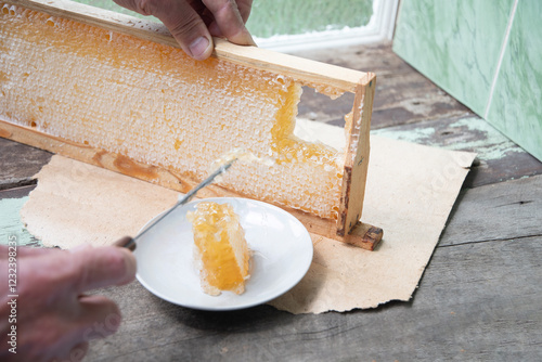 man cuts honeycombs from a honey frame with a knife for eating for tea, honey in honeycombs is good for the health of a pensioner, High quality photo photo