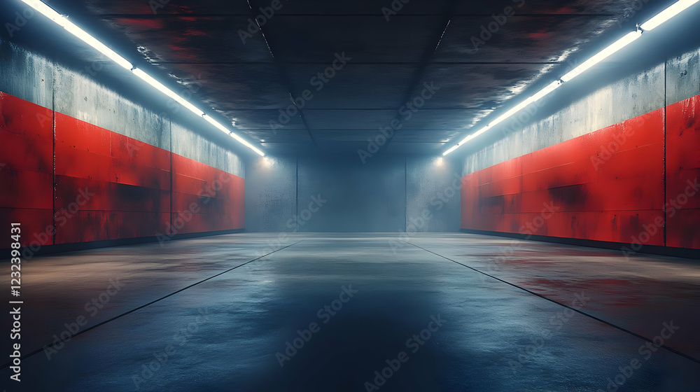 Fototapeta premium Empty Dark Corridor with Red Walls and Bright Lights Illuminates the Concrete Floor Mysteriously