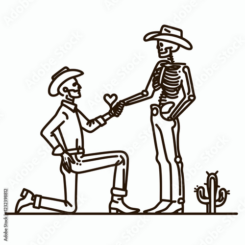 A whimsical illustration of a cowboy kneeling and offering a heart to a skeleton cowboy, set against a minimalist desert backdrop with a cactus.