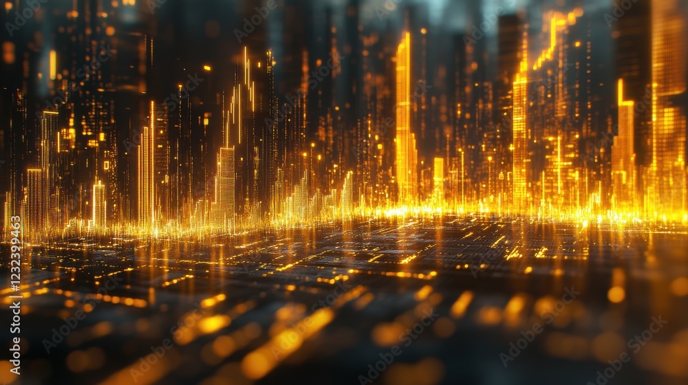 Fototapeta premium Golden Cityscape Futuristic Urban Skyline Financial Growth Technology
