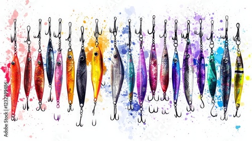 Colorful fishing lures displayed artistically with vibrant splashes in the background photo