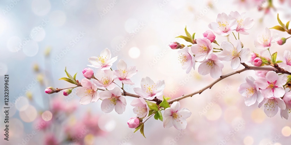 A serene Japanese floral branch featuring soft pink cherry blossoms and delicate leaves set against a soft white background with subtle golden accents , vintage, golden accents A serene Japanese floral branch featuring soft pink cherry blossoms and delicate leaves set against a soft white background with subtle golden accents , vintage, golden accents