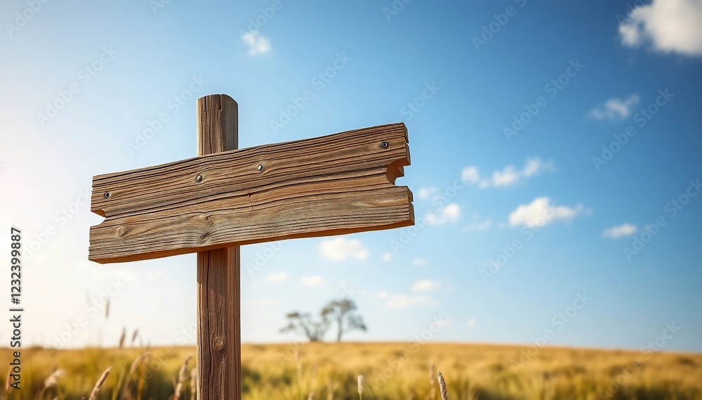 Rustic Wooden Signpost in a Sunny Field Blank Space for Text Countryside View Rustic Wooden Signpost in a Sunny Field Blank Space for Text Countryside View