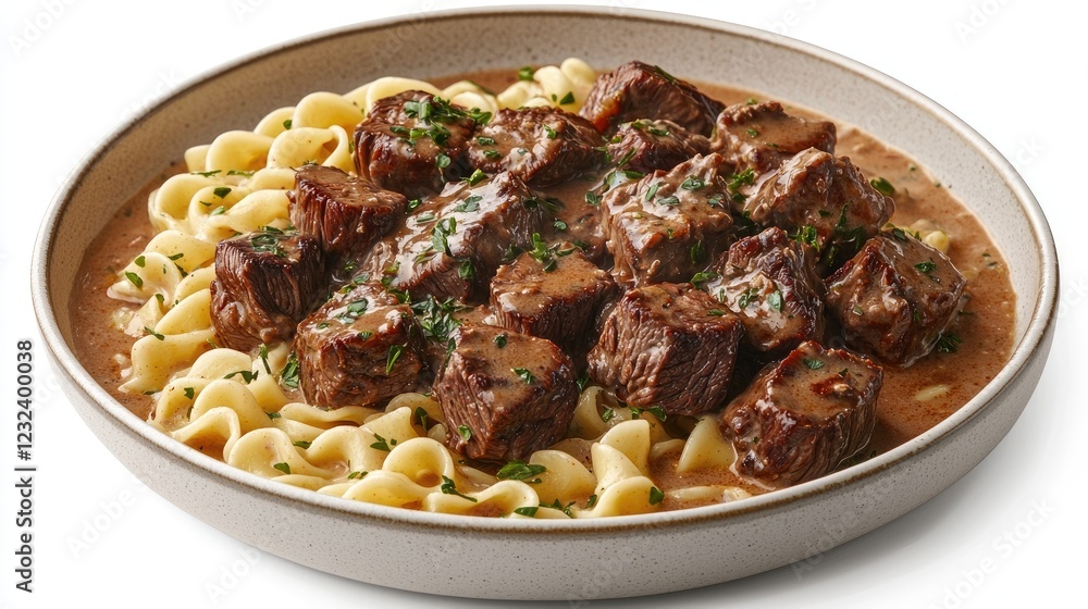 Delicious beef stew served over egg noodles in a rustic bowl, garnished with herbs Delicious beef stew served over egg noodles in a rustic bowl, garnished with herbs