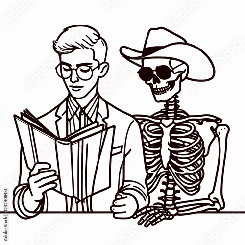 A humorous illustration of a man reading while a skeleton in sunglasses and a cowboy hat joins him, blending the serious with the quirky.